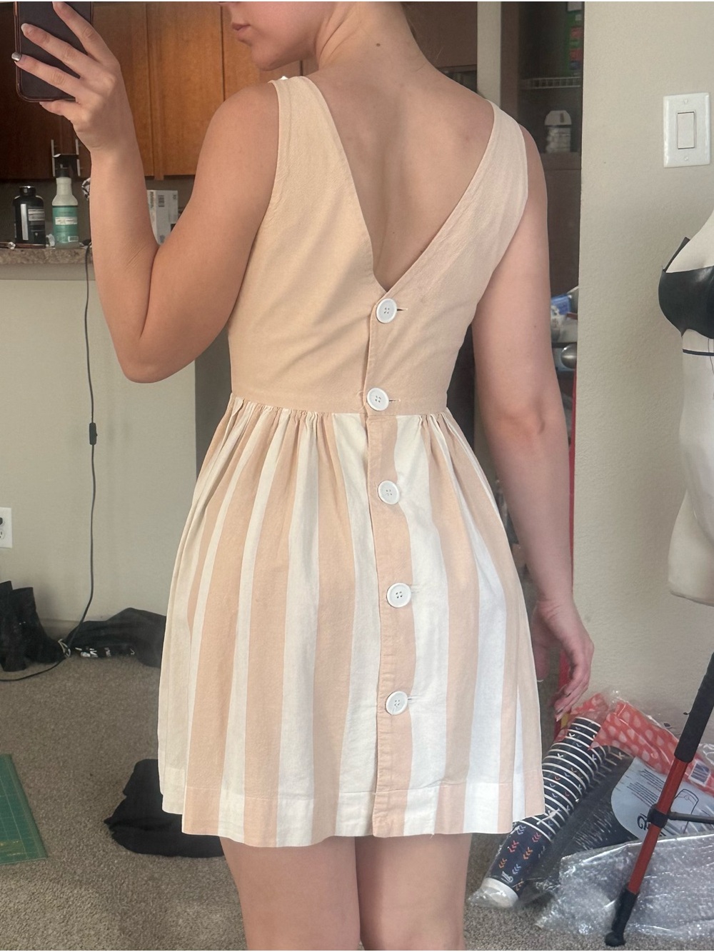 American apparel Cream and Beige Striped Button-Back Mini Dress